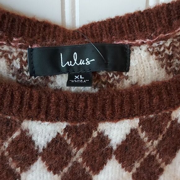 🆕Lulu's‎ Clued In Cutie Brown Pink Cream Multi Argyle Mini Sweater Dress L - Picture 3 of 9